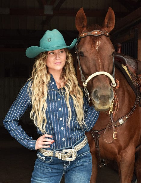 Pullover Button Up by Cowgirl Tuff ~ Denim W/Rows Crystal Embellishing - Henderson's Western Store