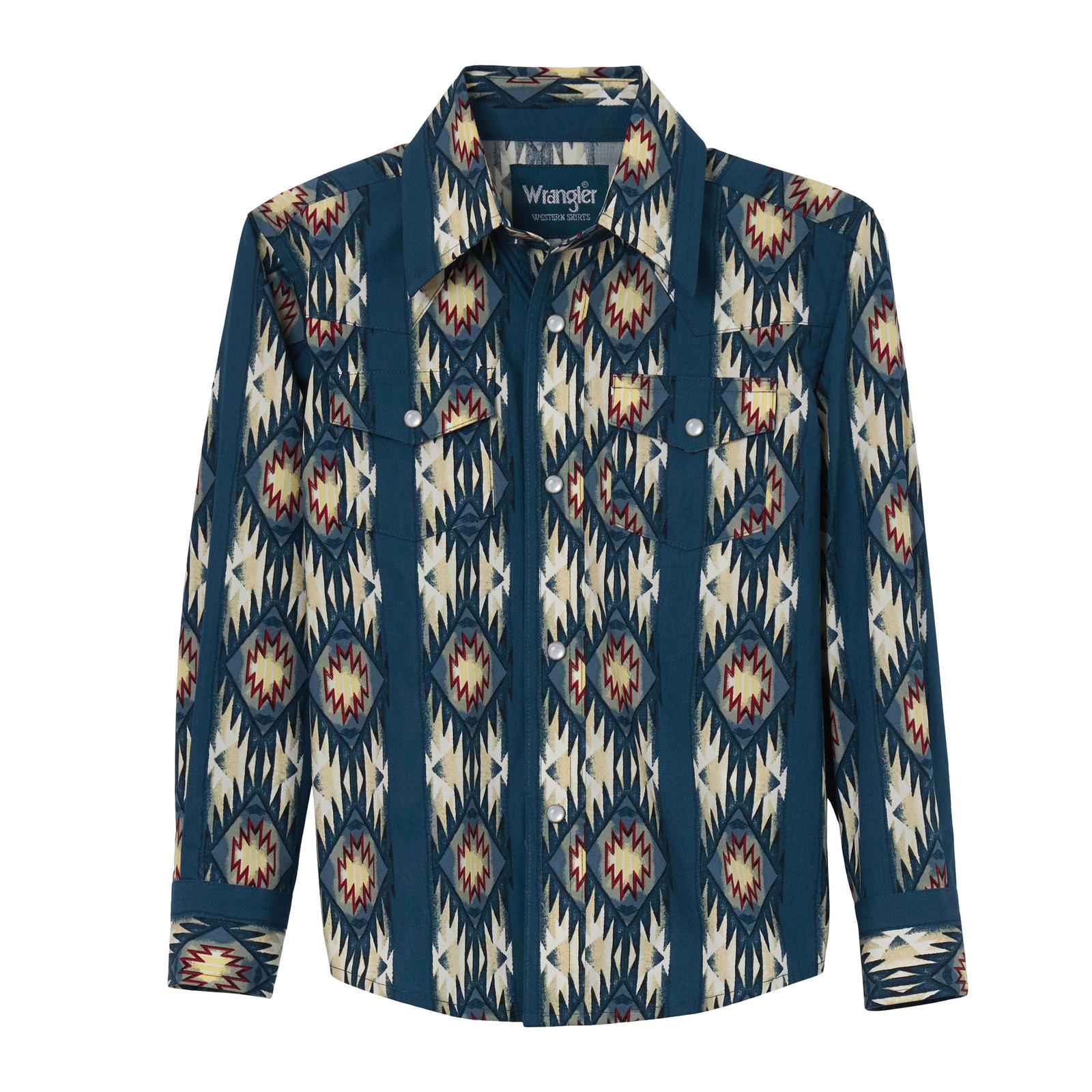Boy's Wrangler Checotah Western Shirt ~ Blue Aztec - Henderson's Western Store