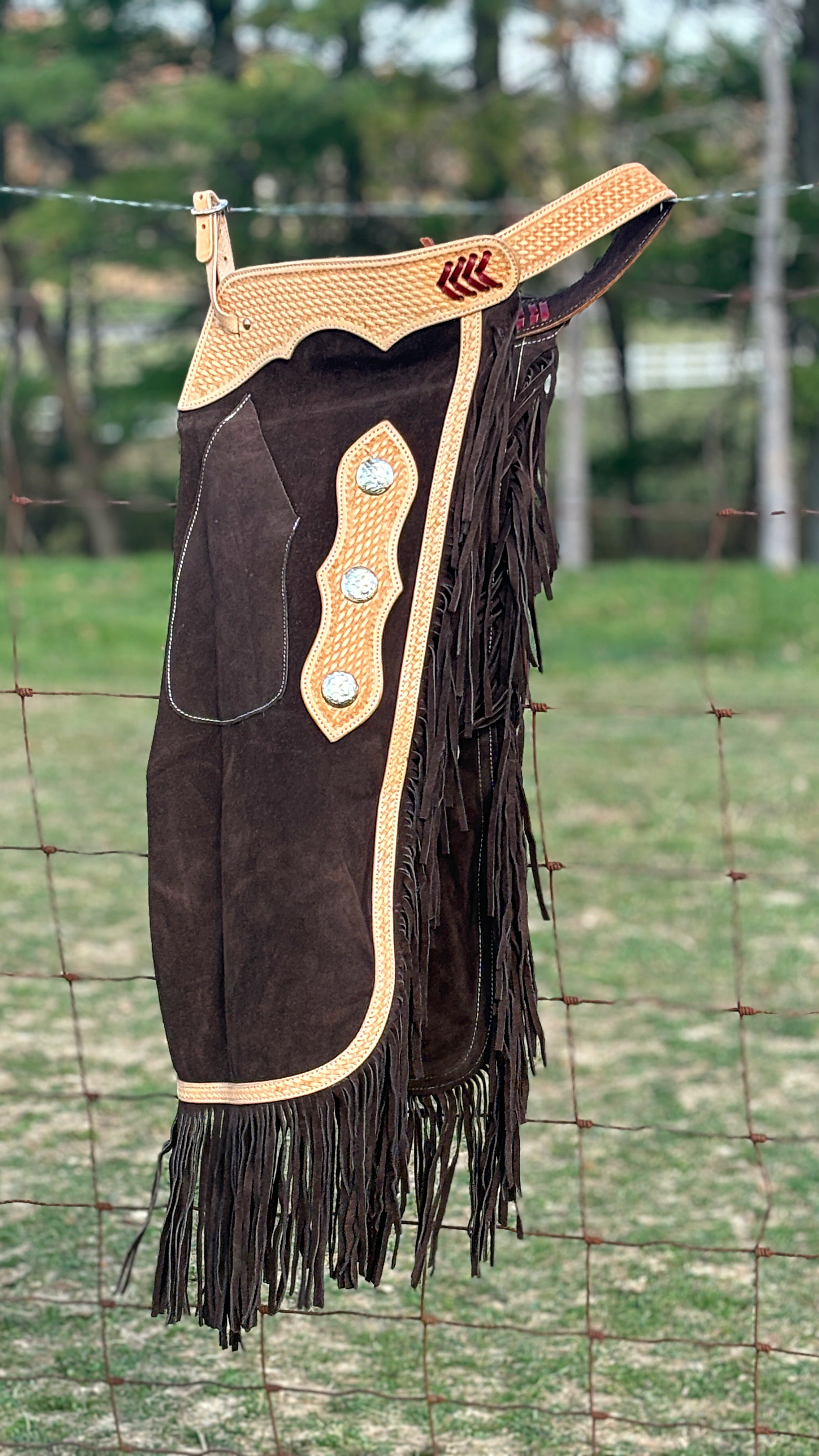 Chocolate Suede Chink W/Basket Tooling - Henderson's Western Store