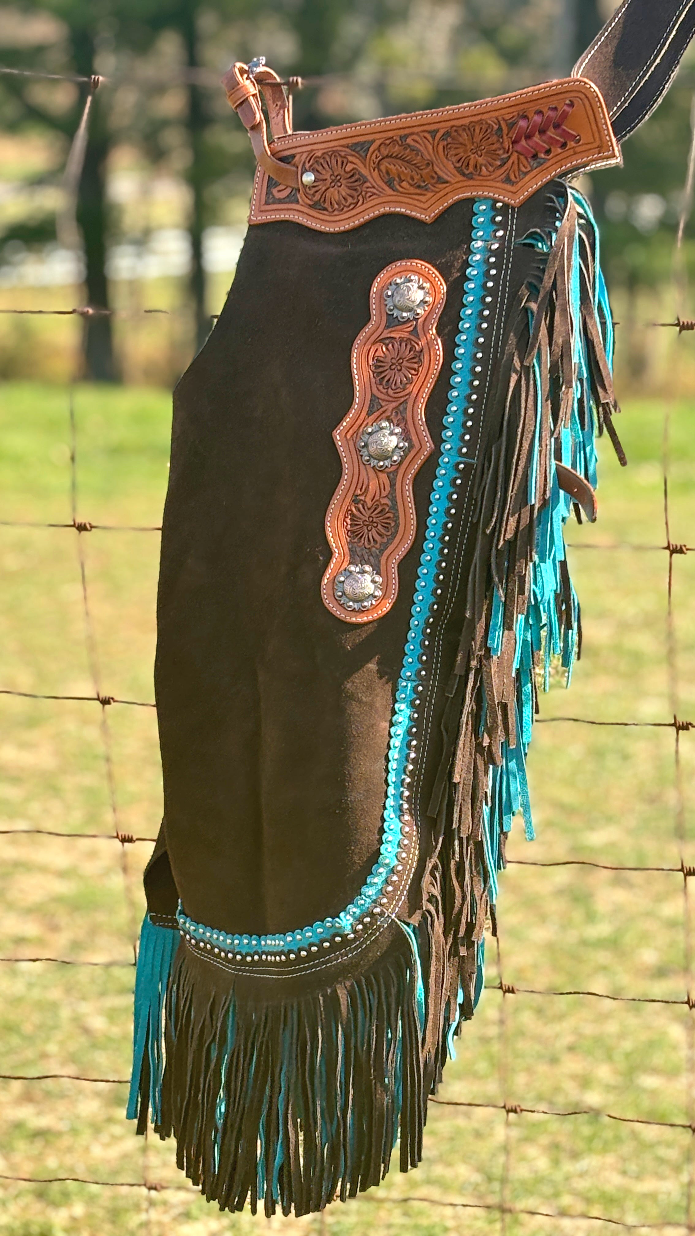 Brown Suede Chink W/Turquoise Fringe - Henderson's Western Store