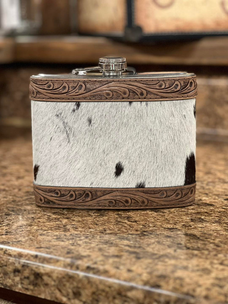 White Cowhide & Tooled Leather Flask ~ 32oz - Henderson's Western Store