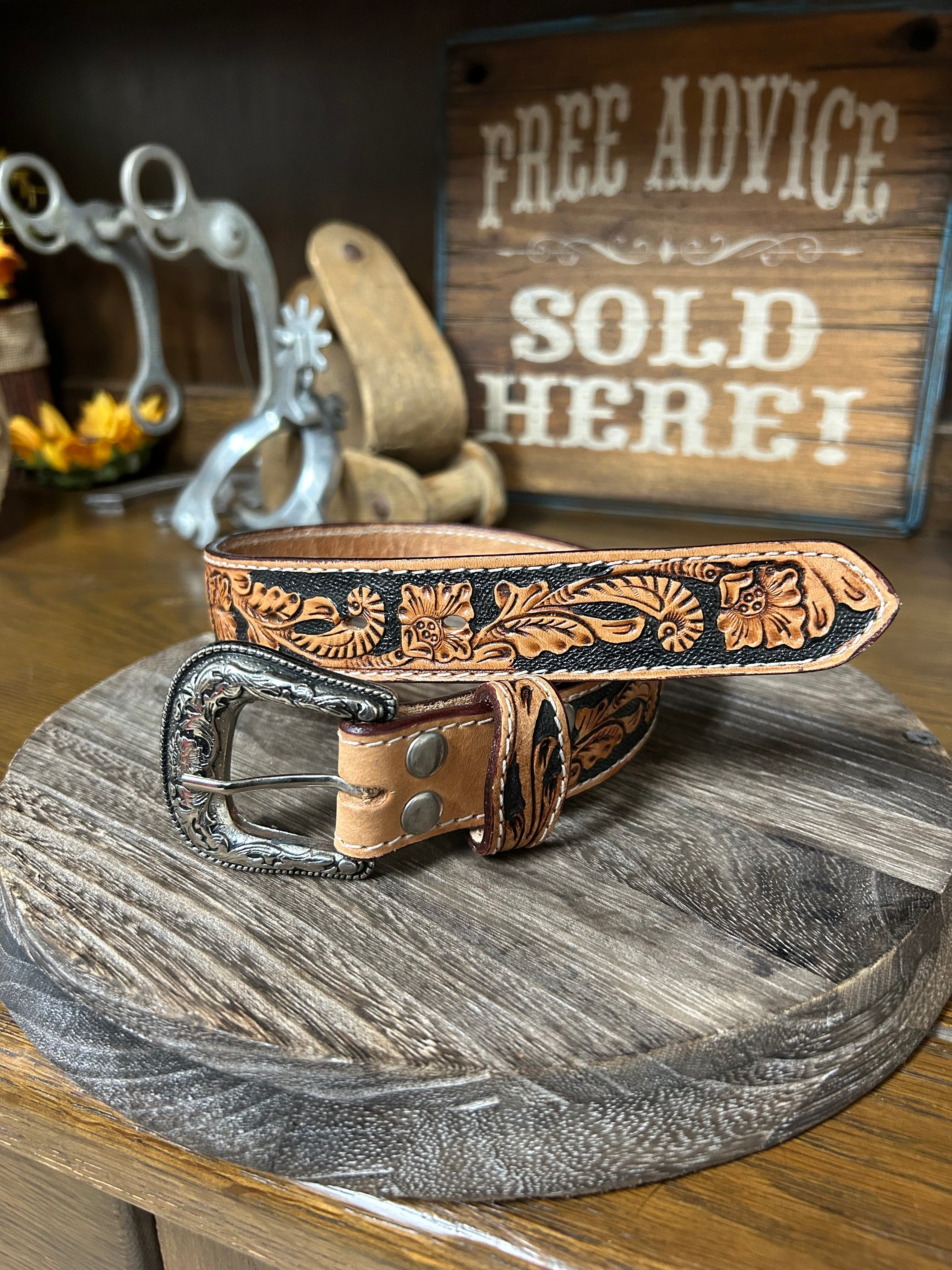 Leather Floral Tooled Black Inlay Belt - Henderson's Western Store