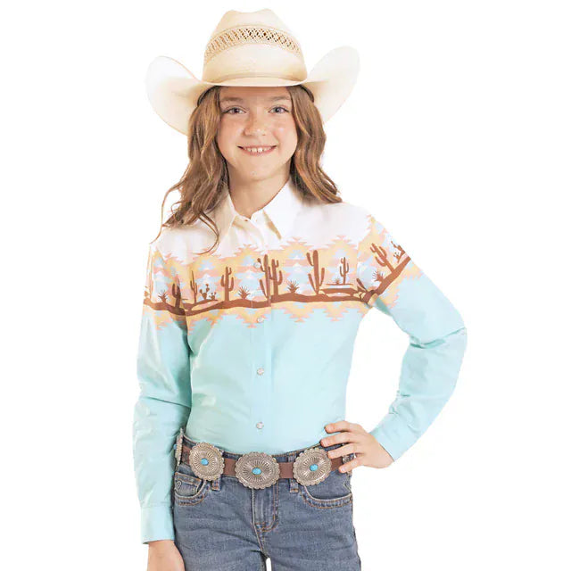 Girl's Border Print Shirt by Panhandle ~ Aquamarine - Henderson's Western Store