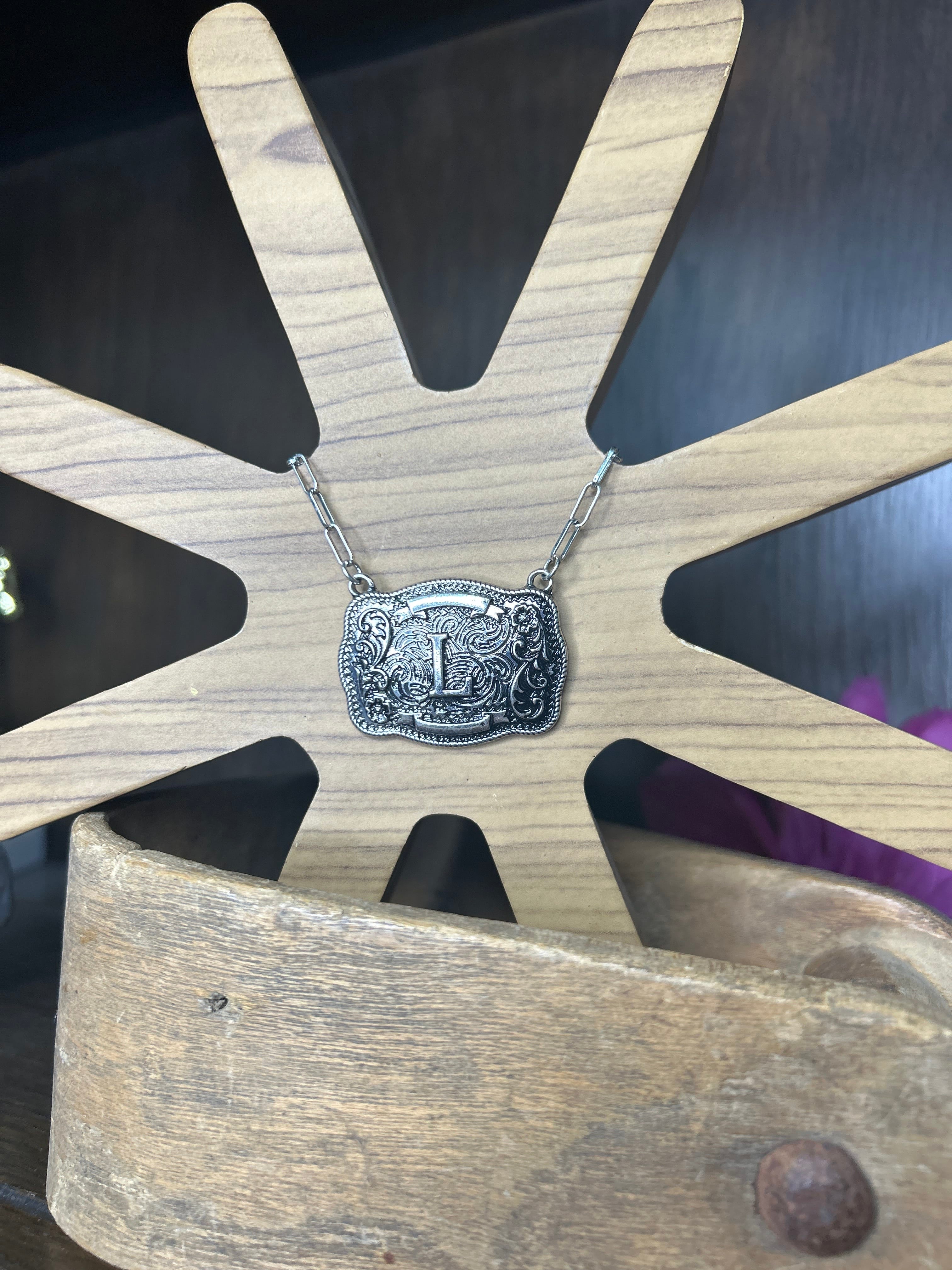 Western Buckle Initial Necklace ~ L - Henderson's Western Store