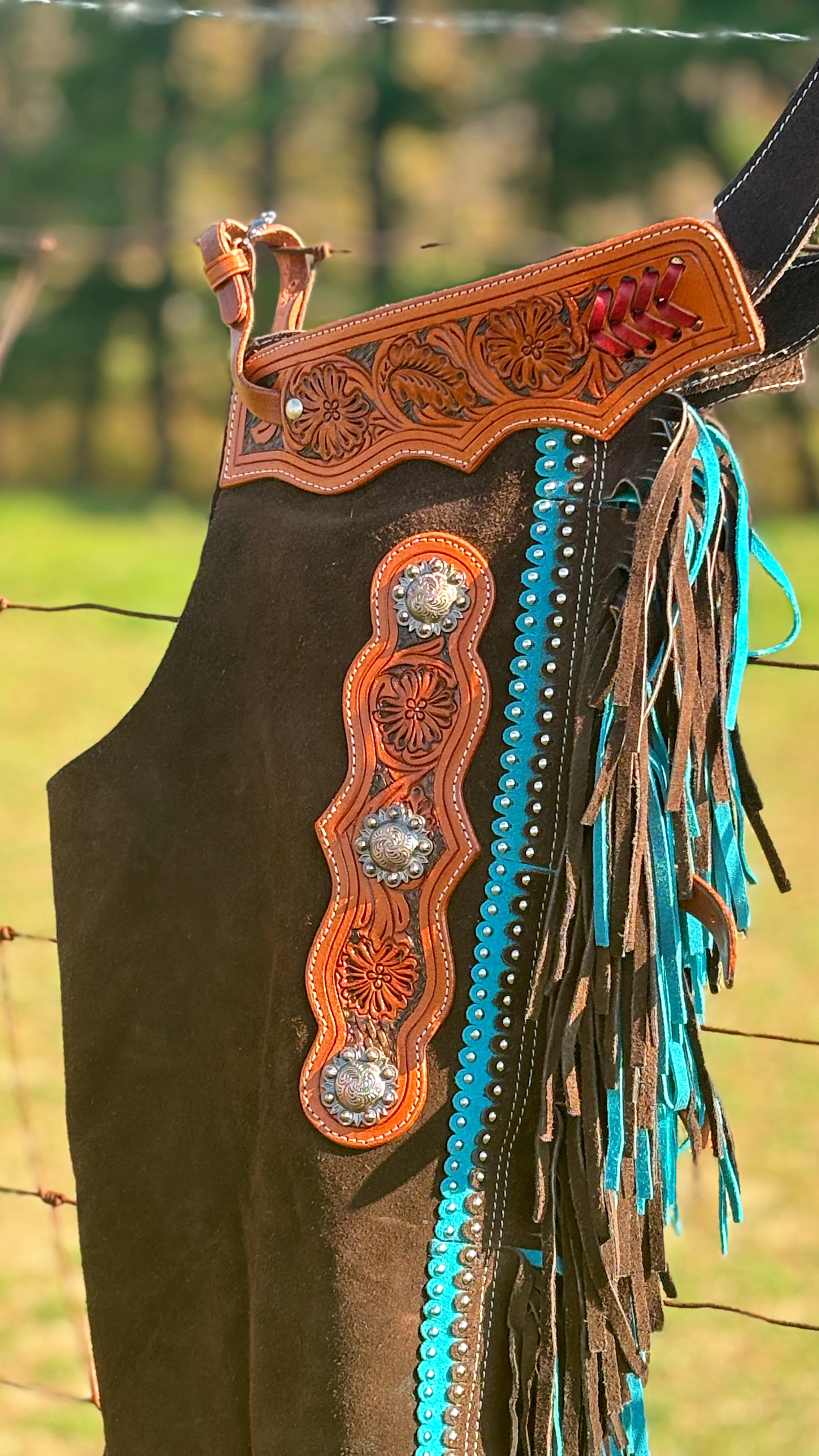 Brown Suede Chink W/Turquoise Fringe - Henderson's Western Store