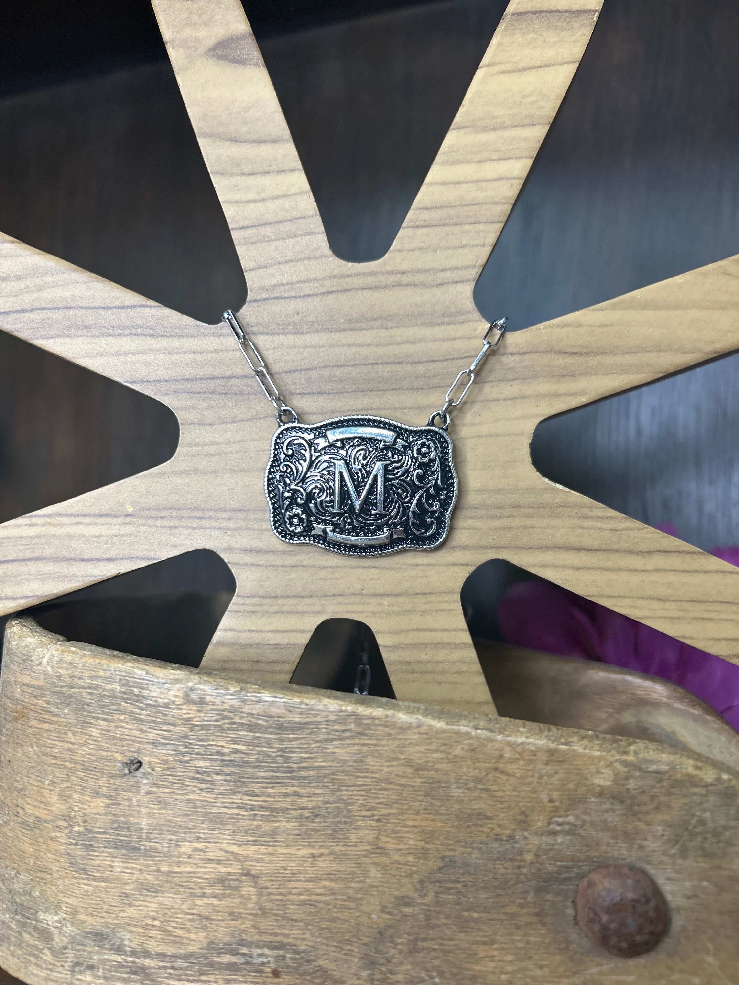 Western Buckle Initial Necklace ~ M - Henderson's Western Store