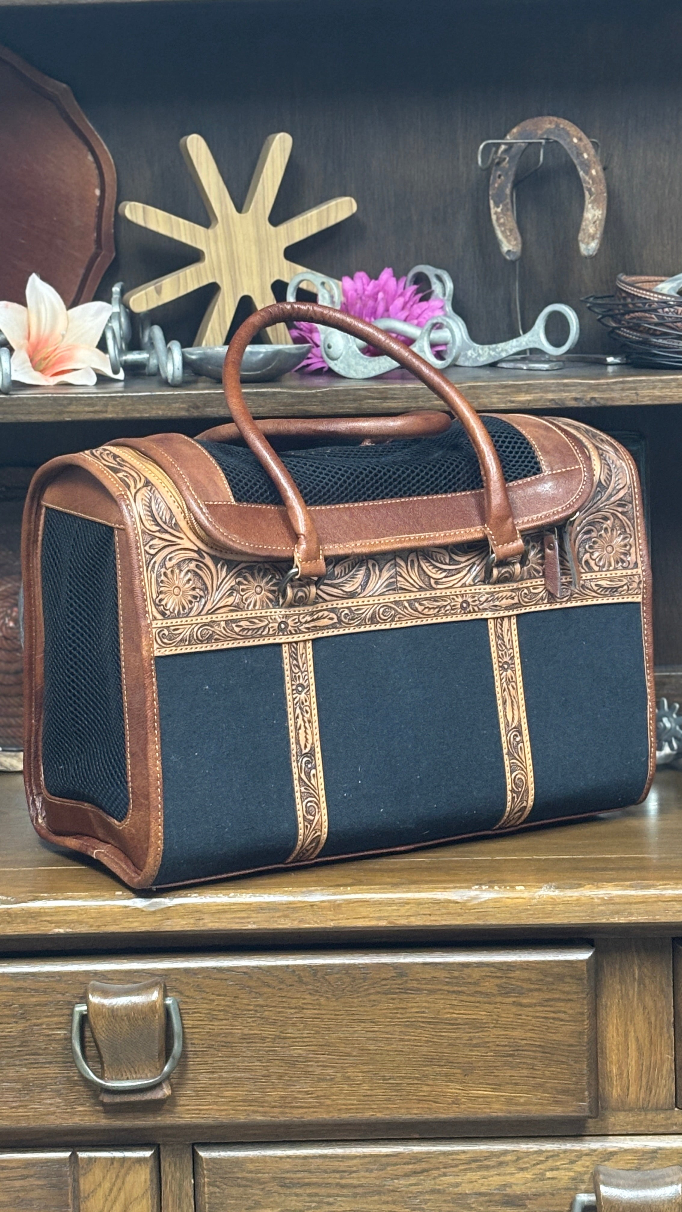 Tooled Leather Pet Carrier ~ Tan - Henderson's Western Store