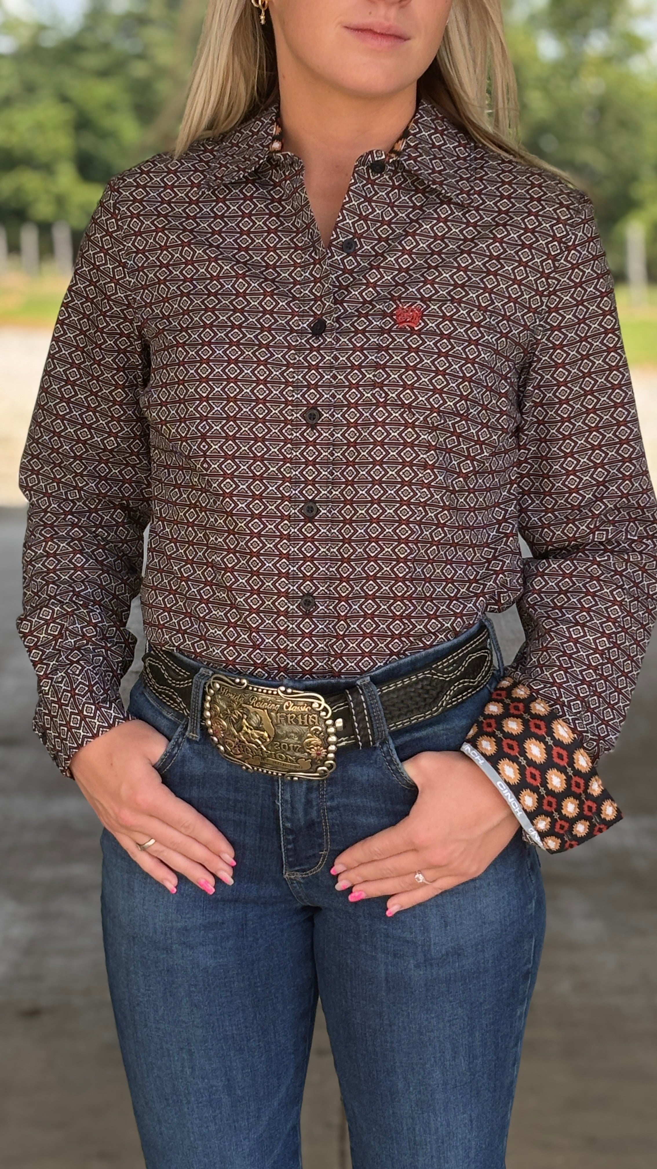 Ladies Cinch ~ Brick Red Geo Print - Henderson's Western Store