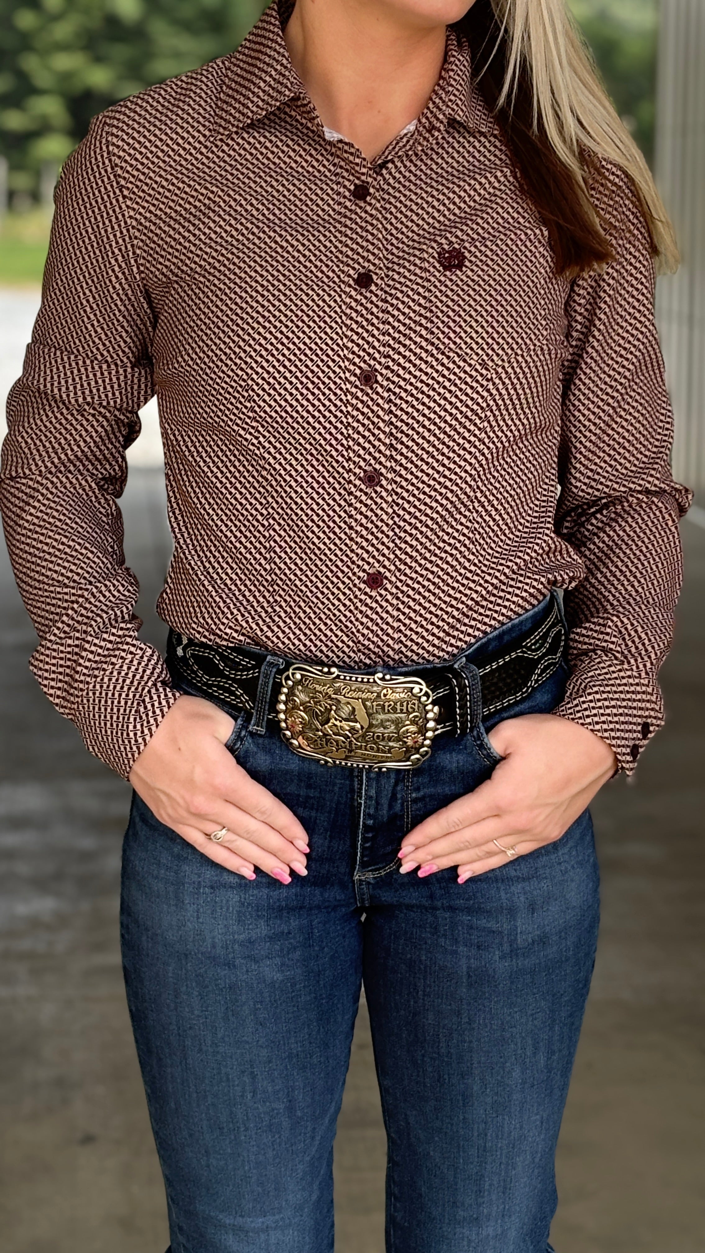 Ladies Cinch ~ Maroon Geo Print - Henderson's Western Store