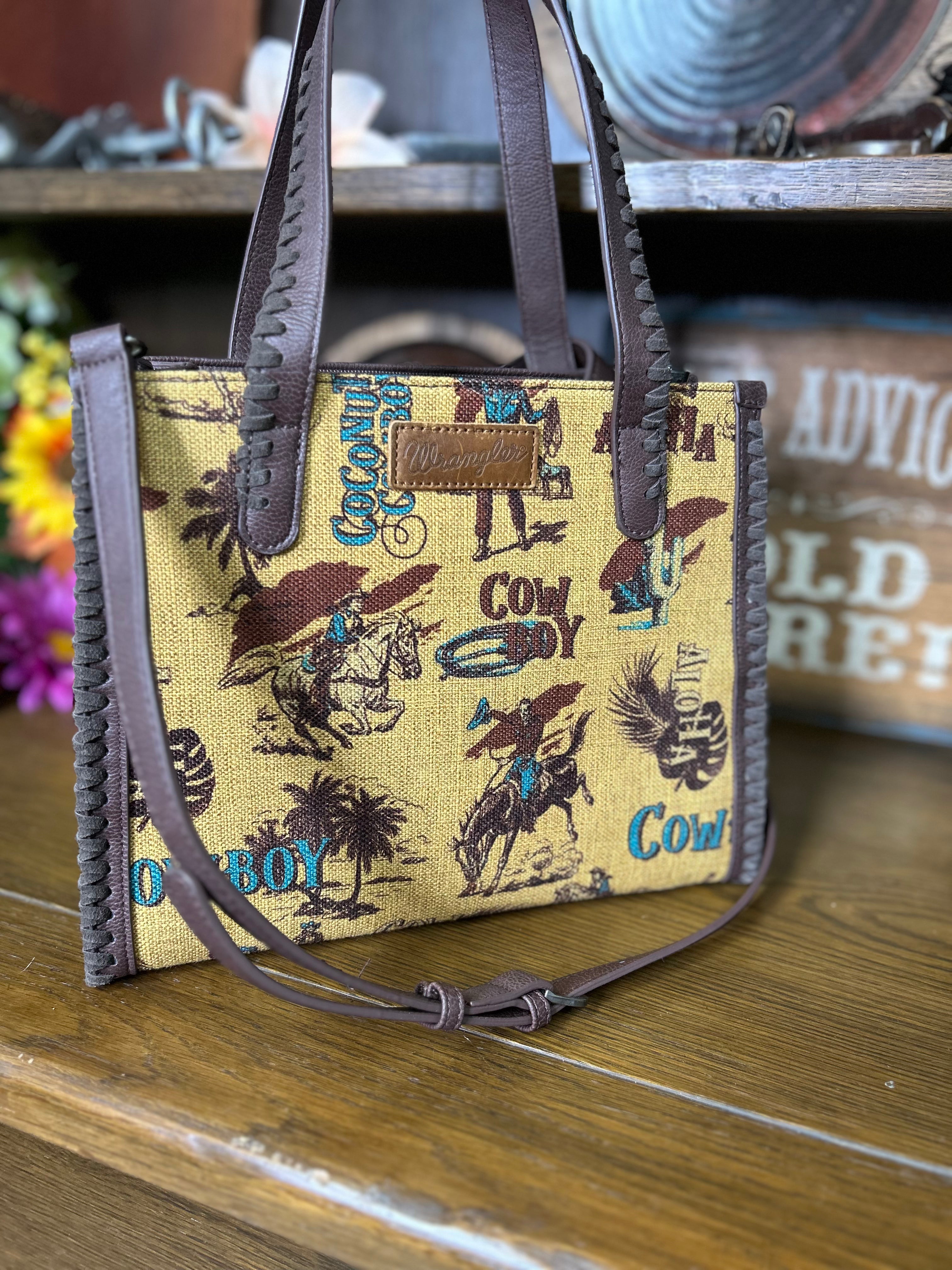 Wrangler Vintage Print Carry Satchel/Crossbody ~ Yellow - Henderson's Western Store