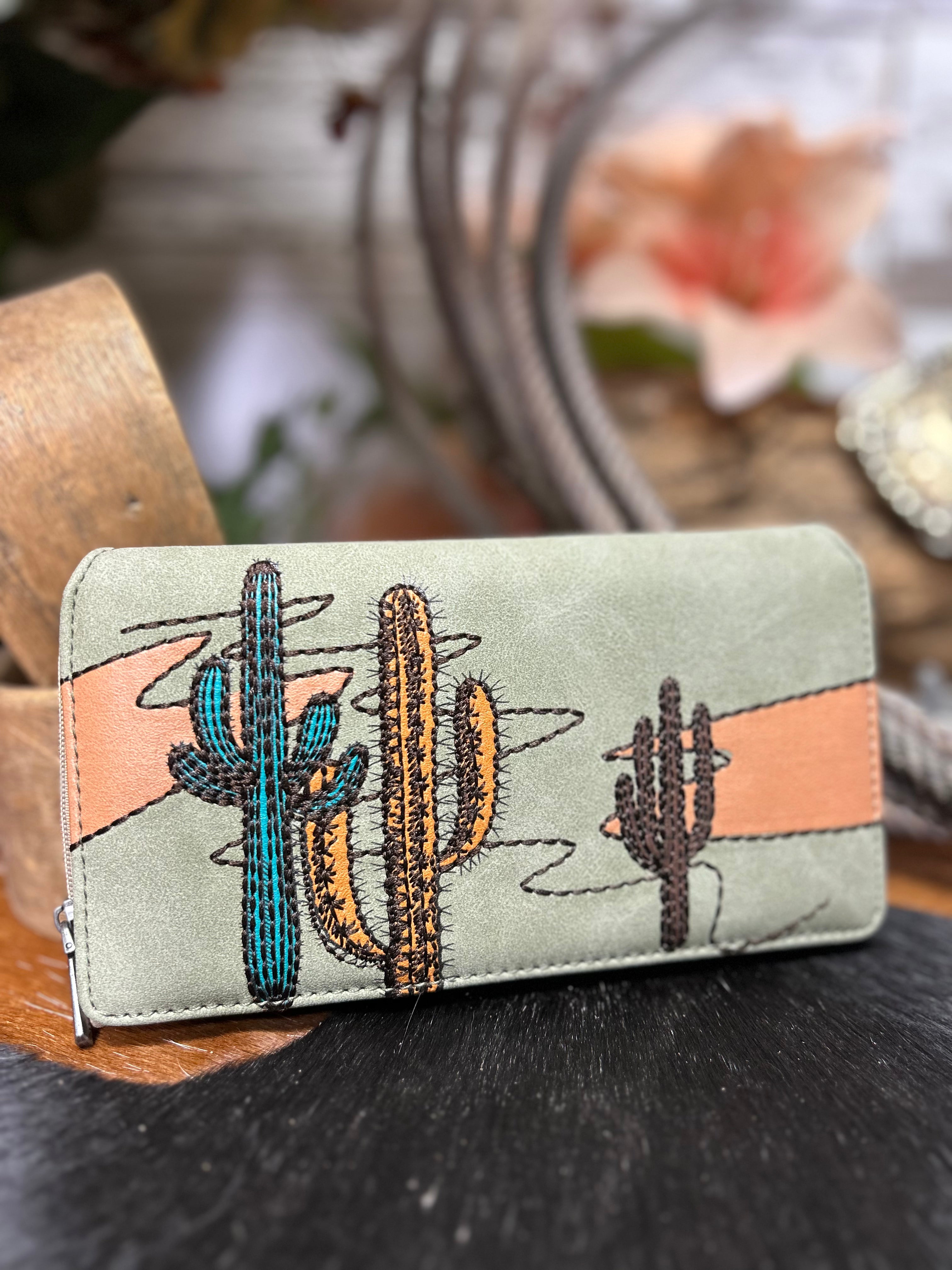MW Embroidered Cactus Wallet ~ Green - Henderson's Western Store