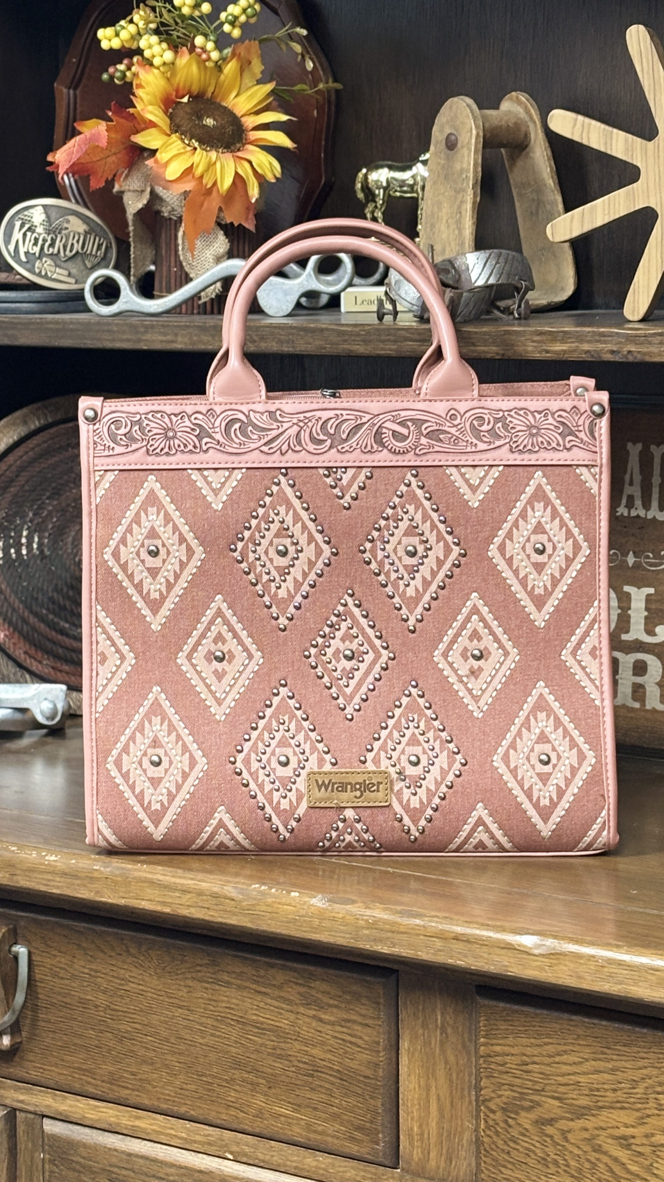 Wrangler Aztec Studded Tote/Crossbody ~ Pink - Henderson's Western Store