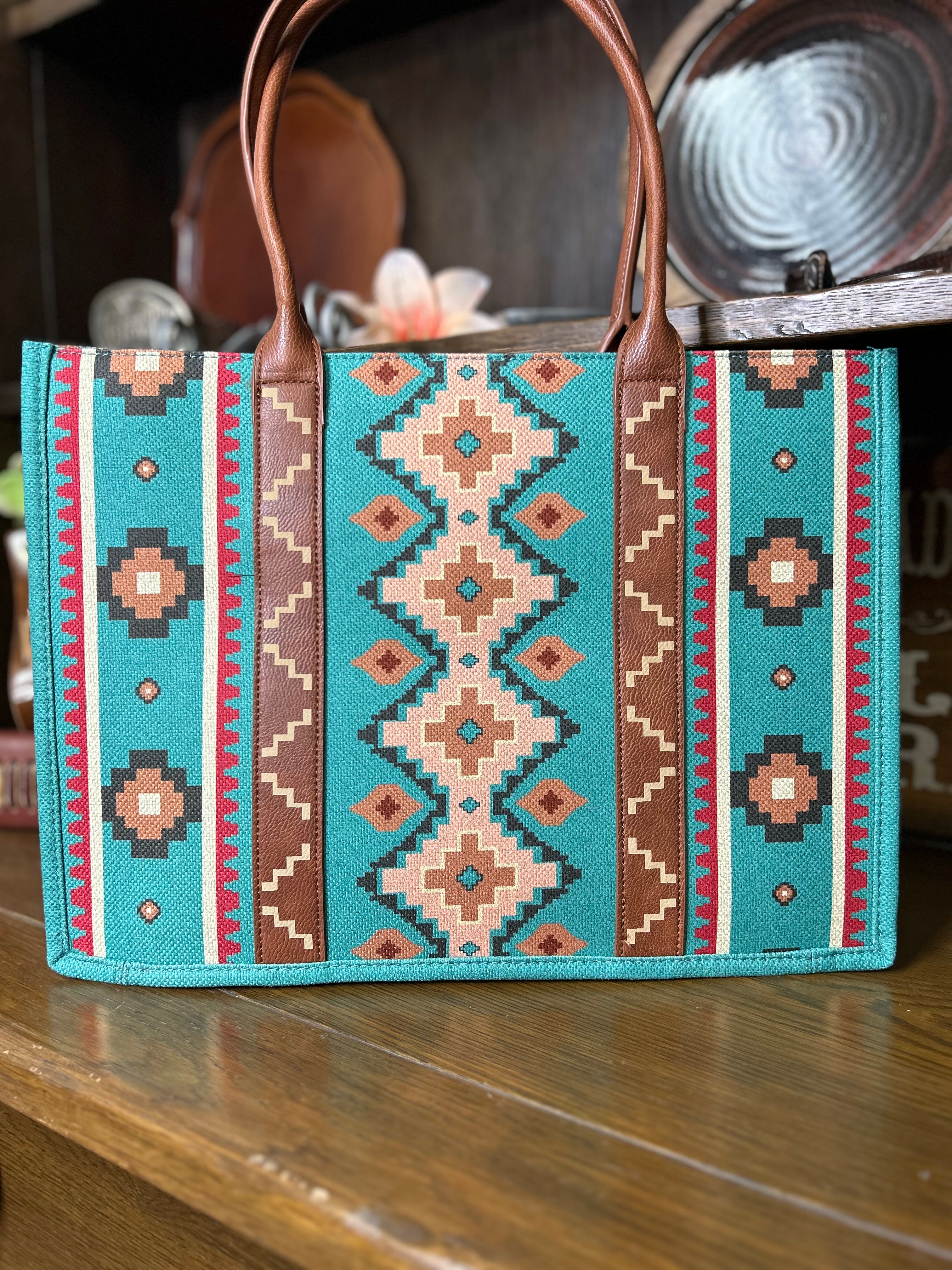 Wrangler Southwest Print Large Tote ~ Turquoise - Henderson's Western Store