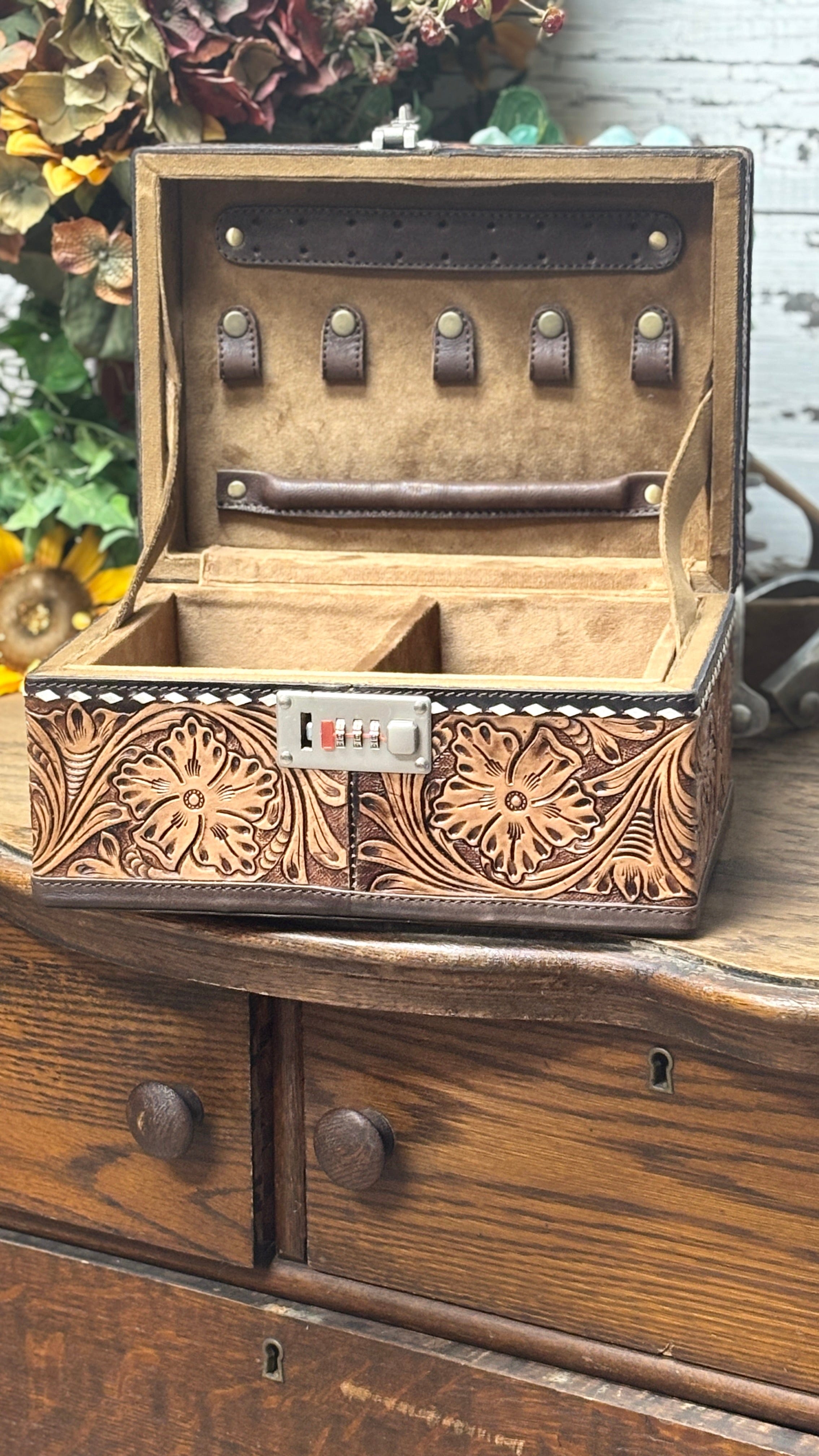 Floral Tooled Leather Jewelry Box Safe - Henderson's Western Store