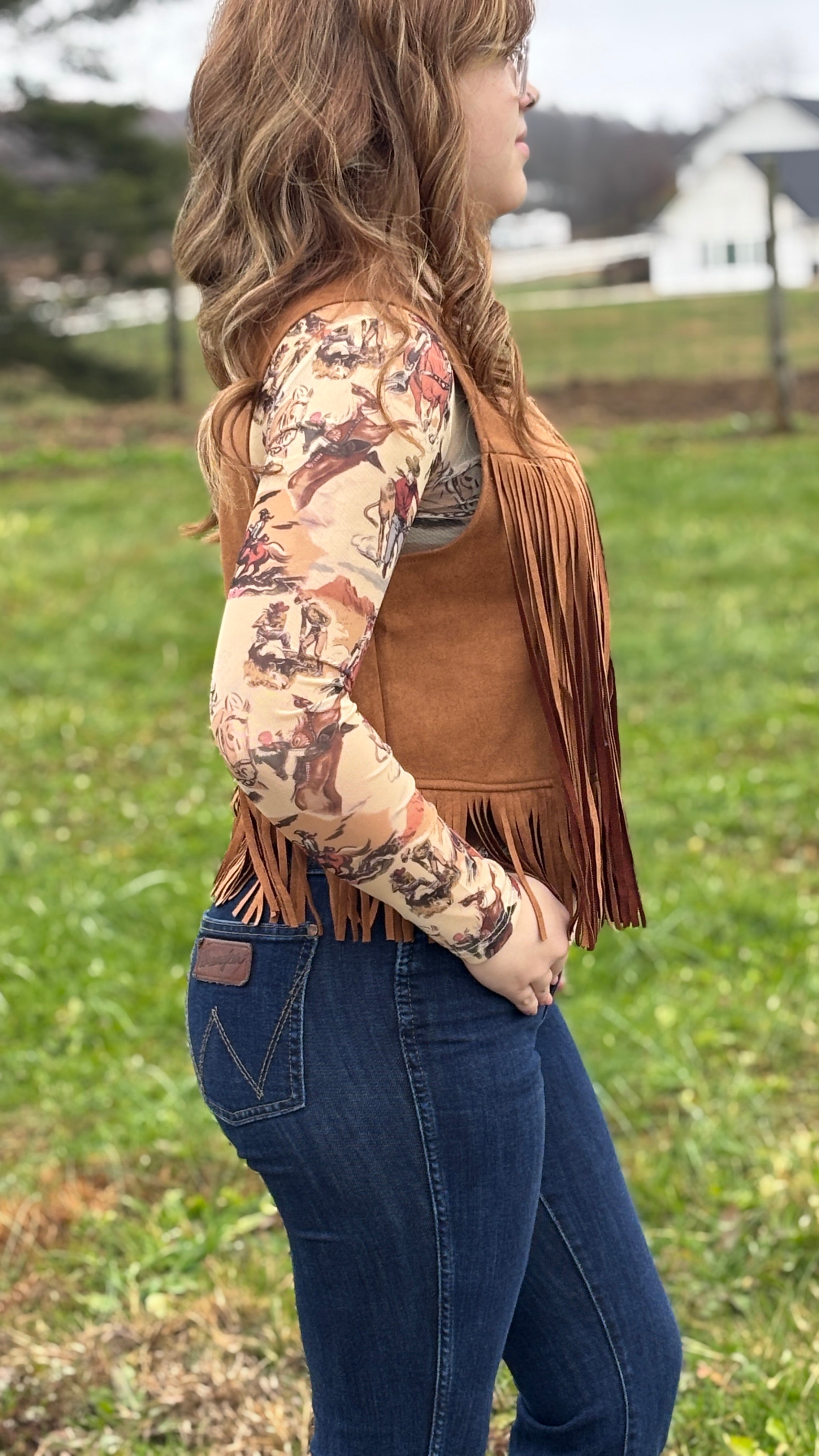 Western Cowboy Rodeo Print Sheer Mesh Fitted Top - Henderson's Western Store