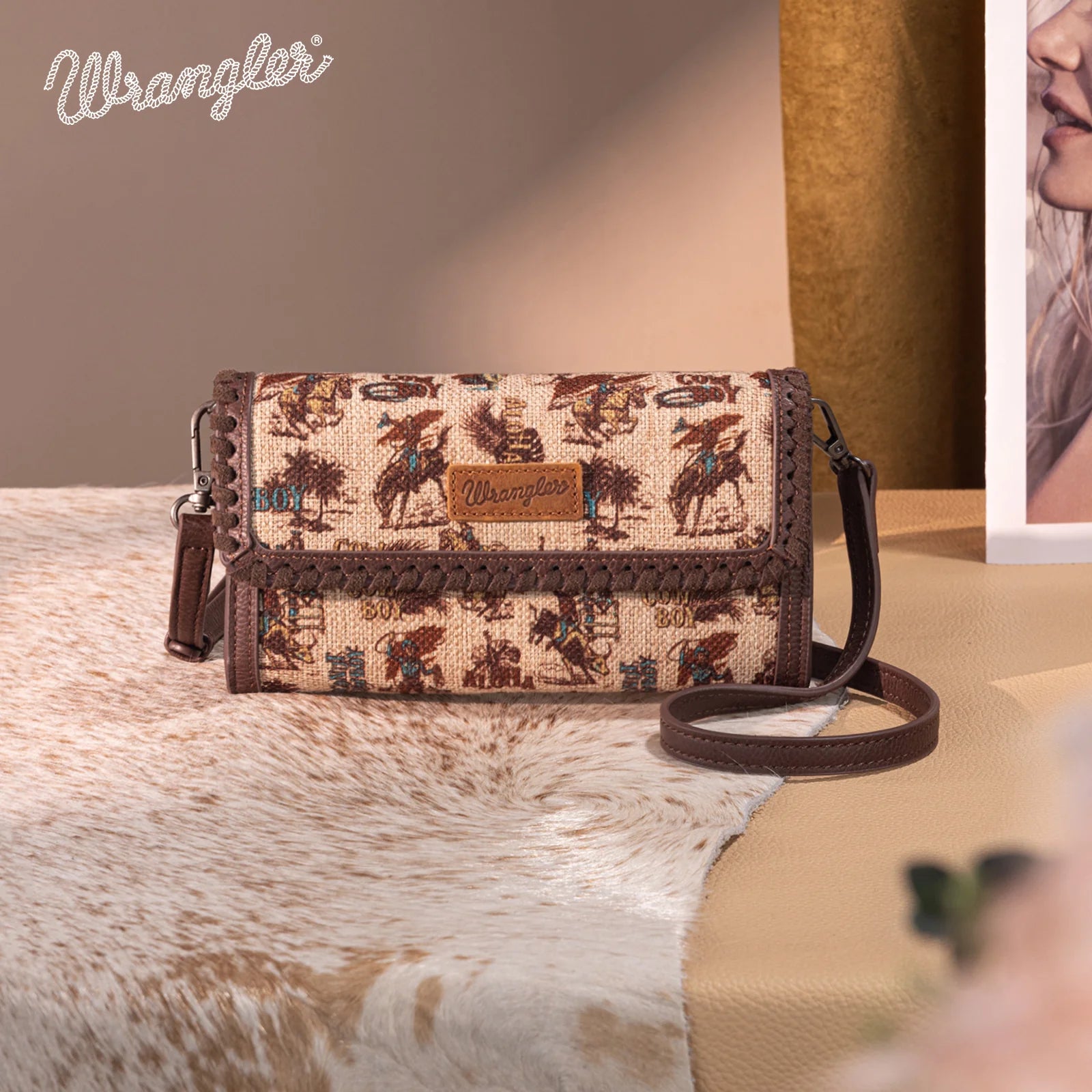 Wrangler Vintage Print Carry Wallet/Crossbody ~ Tan - Henderson's Western Store