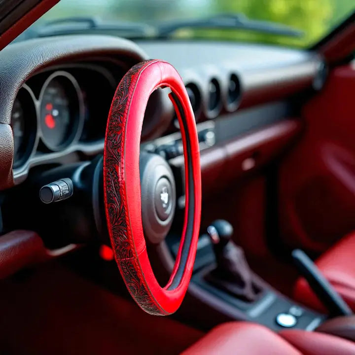 Tooled Leather Steering Wheel Cover ~ Red - Henderson's Western Store