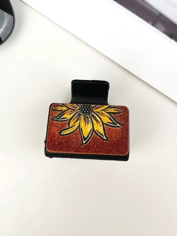 Leather Square Hair Clip Claws ~ Sunflowers - Henderson's Western Store