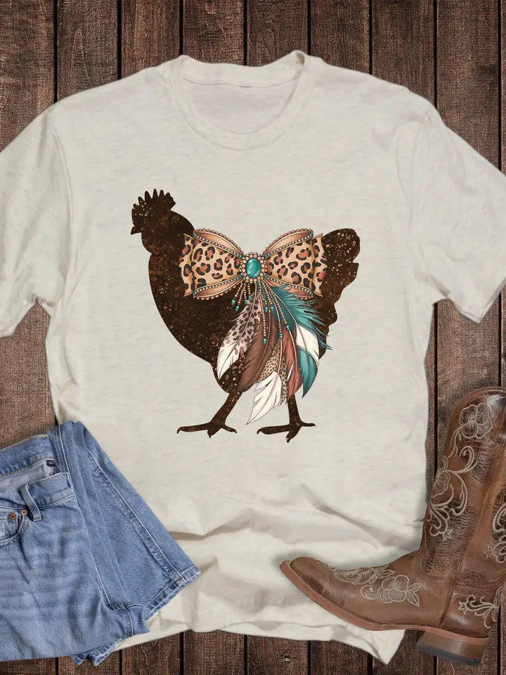 Western Chicken W/Leopard Bow & Feathers Tee - Henderson's Western Store