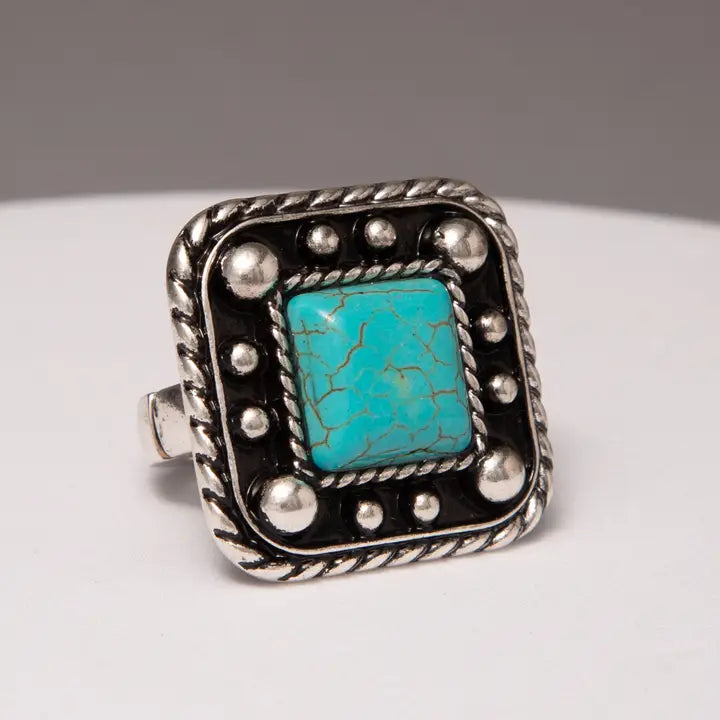 Western Turquoise Embellished Square Concho Ring - Henderson's Western Store