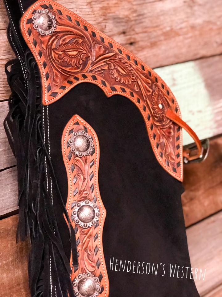 Black Suede Chink ~ Floral Tooling chap Showman