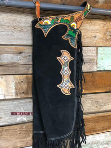 Load image into Gallery viewer, Black Suede Chinks ~ Sunflower &amp; Cactus Chaps shiloh   