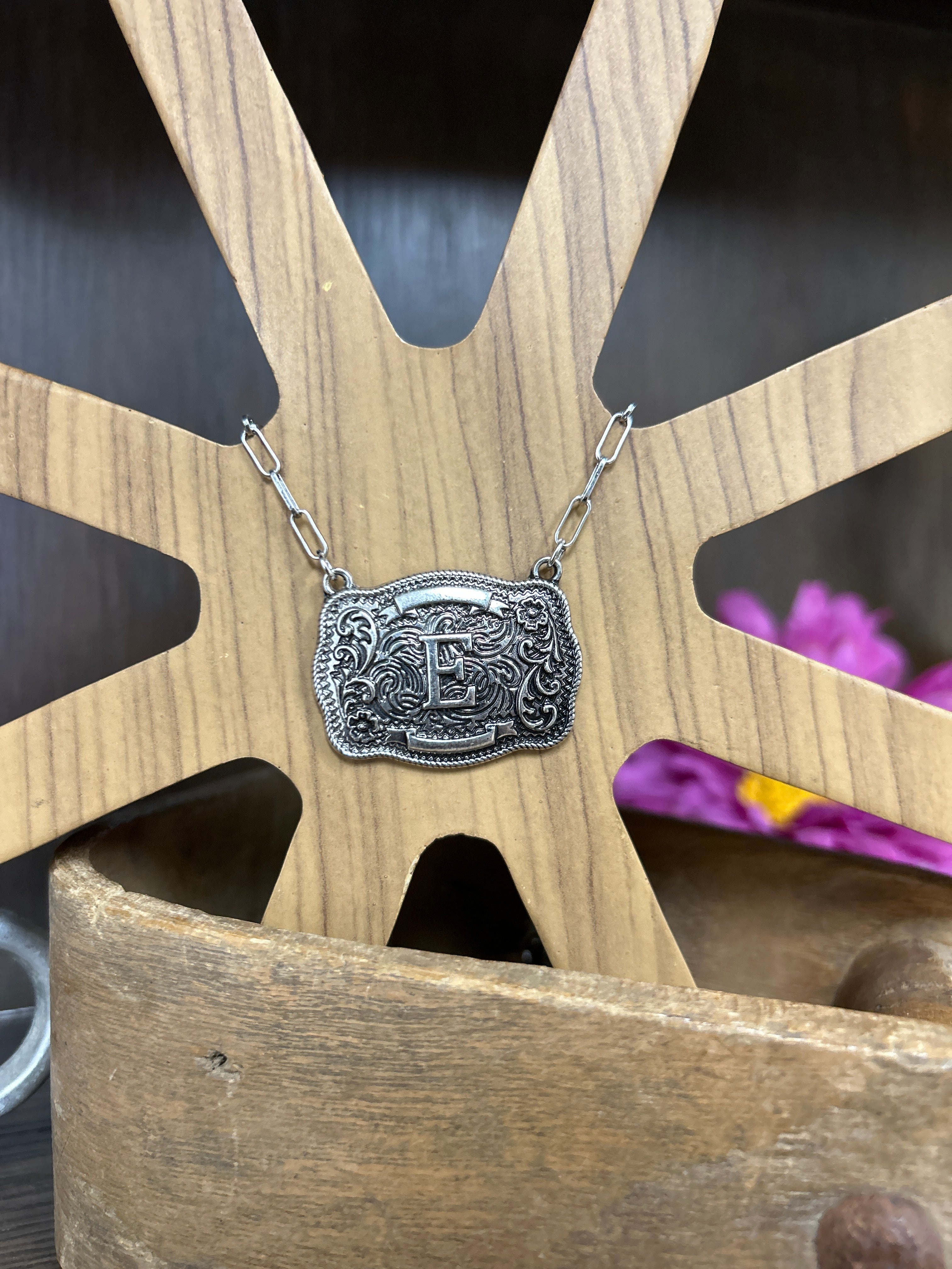 Western Buckle Initial Necklace ~E - Henderson's Western Store