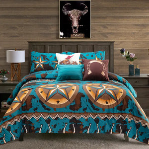 Load image into Gallery viewer, Star &amp; Blue Cowprint Comforter Bedding Set ~ Queen - Henderson&#39;s Western Store