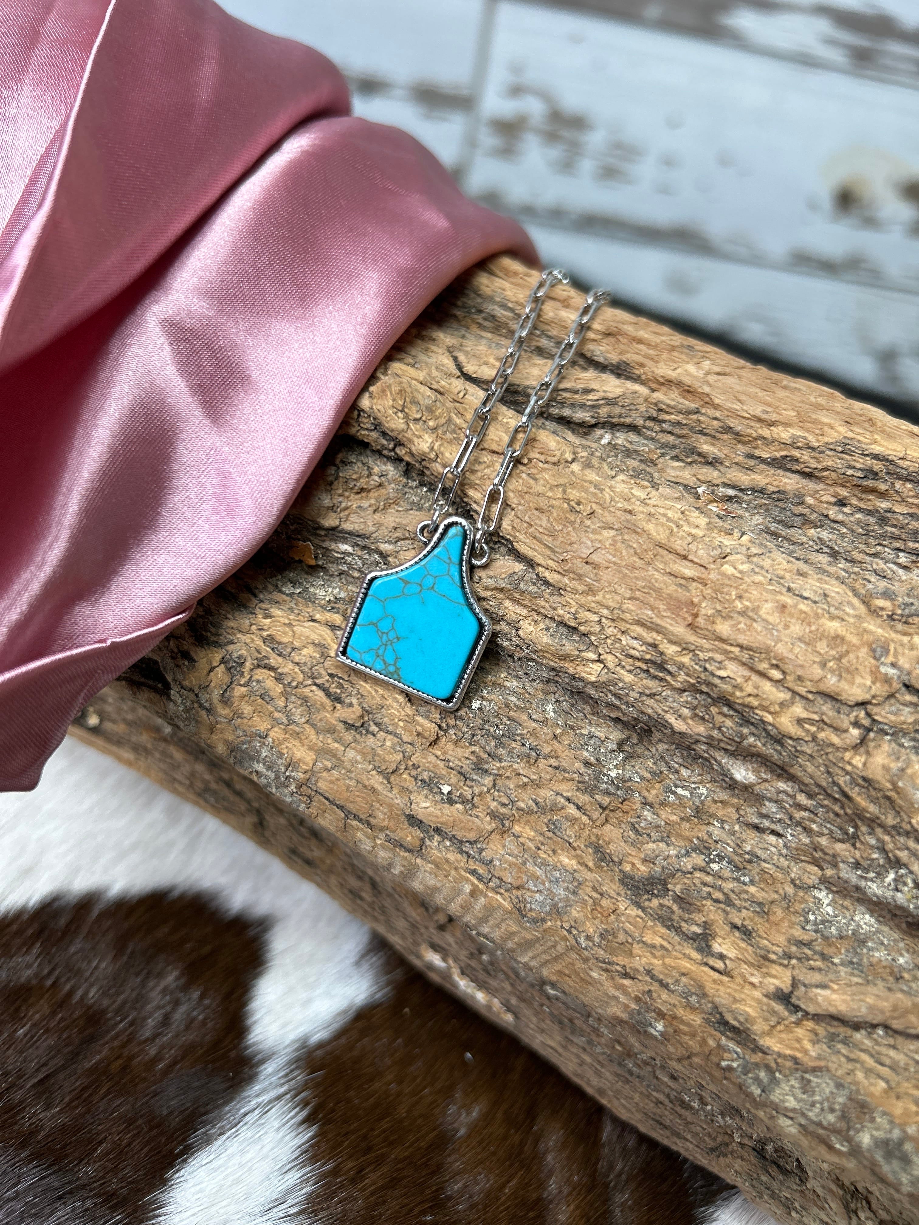 Western Turquoise Stone Cattle Tag Pendant Necklace - Henderson's Western Store