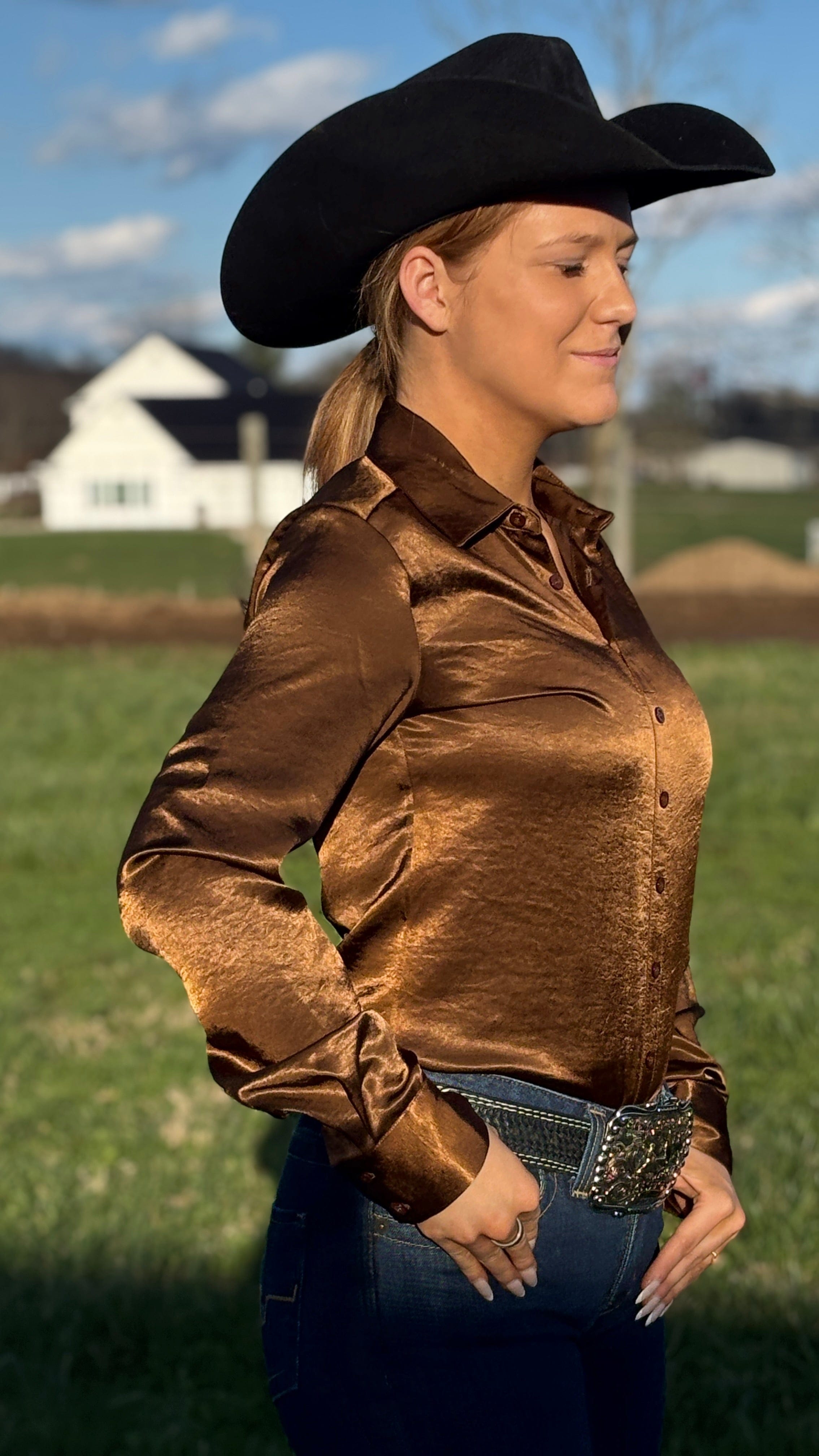 Satin Pullover Button Up by Cowgirl Tuff ~ Chocolate - Henderson's Western Store