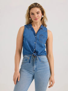 Load image into Gallery viewer, Denim Sleeveless Tie Front Shirt by Wrangler