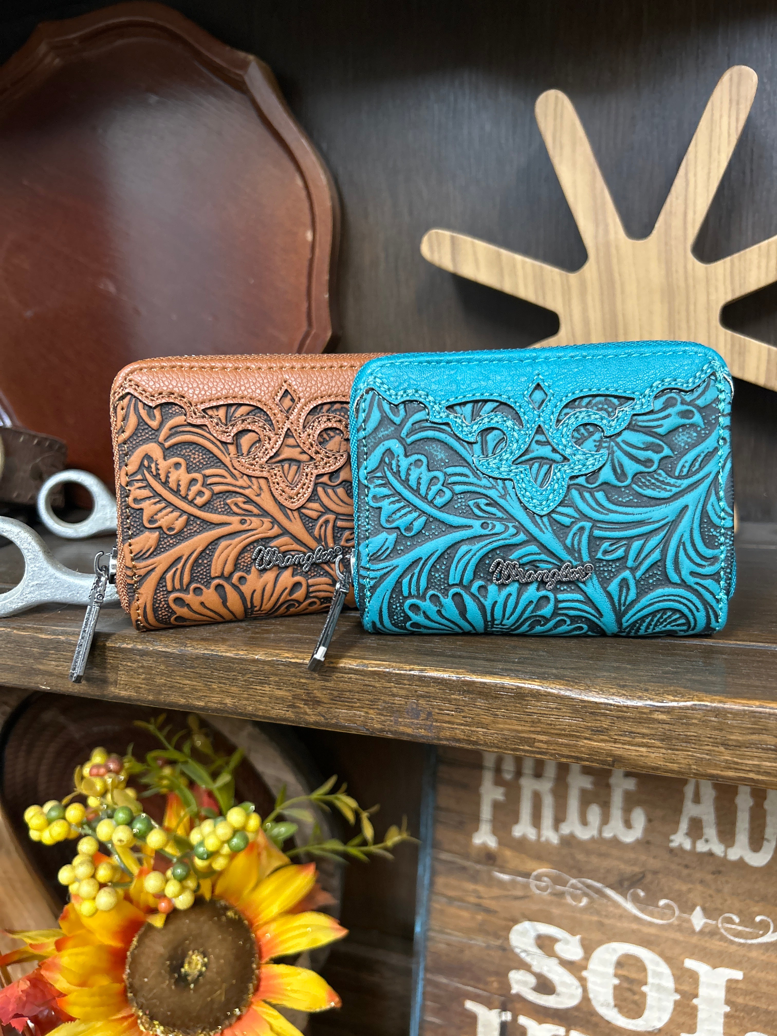 Wrangler Tooled Zip-Around Wallet ~ Turquoise - Henderson's Western Store