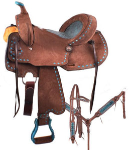 Load image into Gallery viewer, Roughout W/Buckstitch Barrel Saddle ~ Turquoise