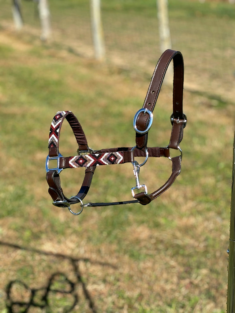 Adjustable Leather Halter W/ Beaded Overlay ~ Burgundy