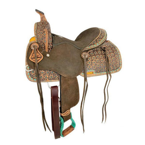 Load image into Gallery viewer, Barrel Style Saddle with Teal Flower