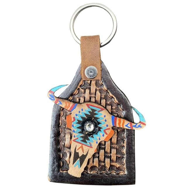 Leather Key Chain ~ Aztec Cow Skull - Henderson's Western Store