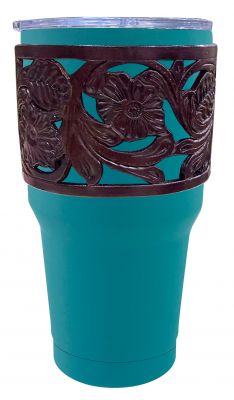 30 oz Tumbler ~ Teal W/Floral Leather - Henderson's Western Store