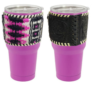 Load image into Gallery viewer, 30 oz Insulated Pink Tumbler with Removable Argentina Cow Leather Wool Saddle Blanket Sleeve - Henderson&#39;s Western Store