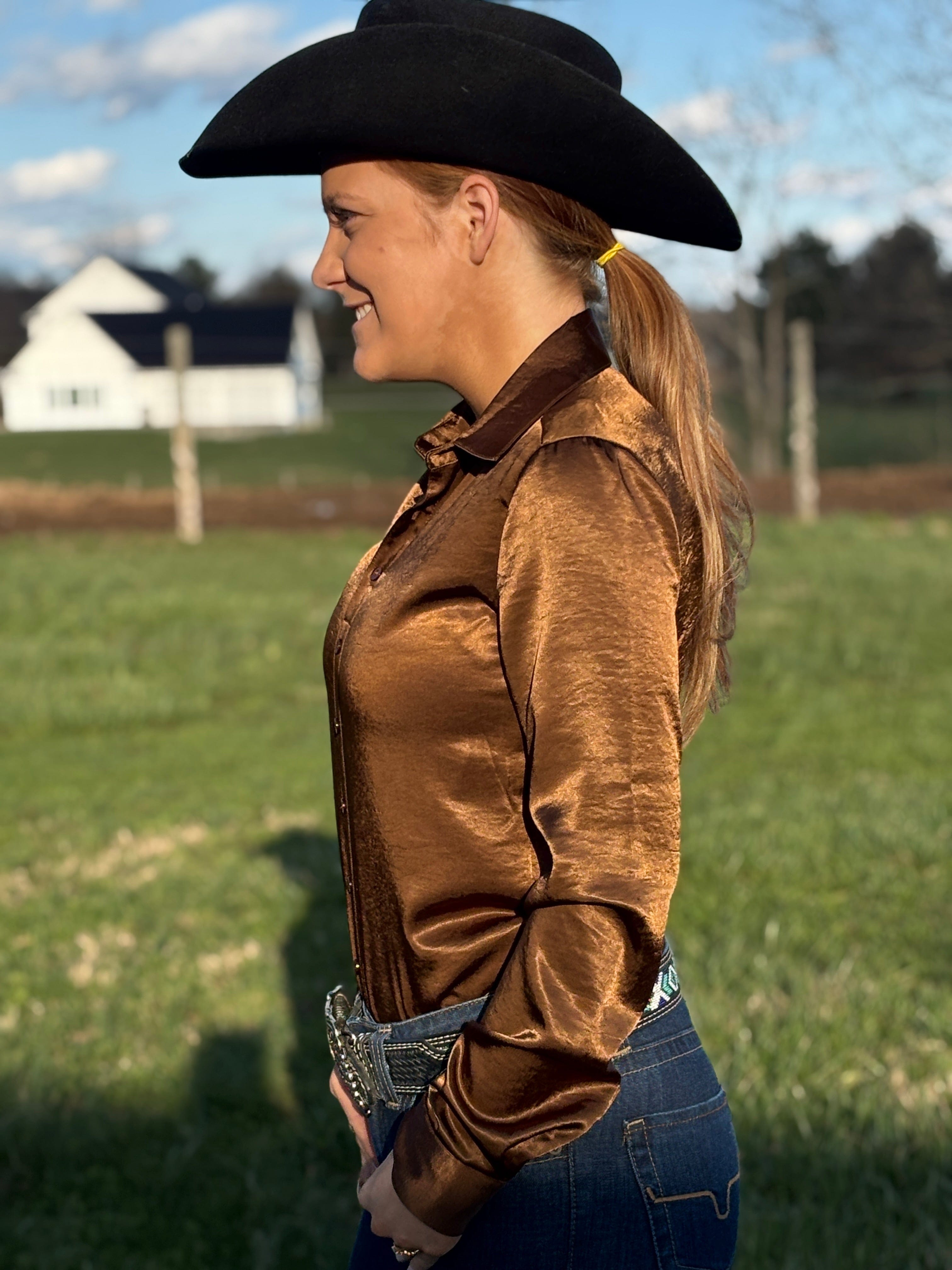 Satin Pullover Button Up by Cowgirl Tuff ~ Chocolate - Henderson's Western Store