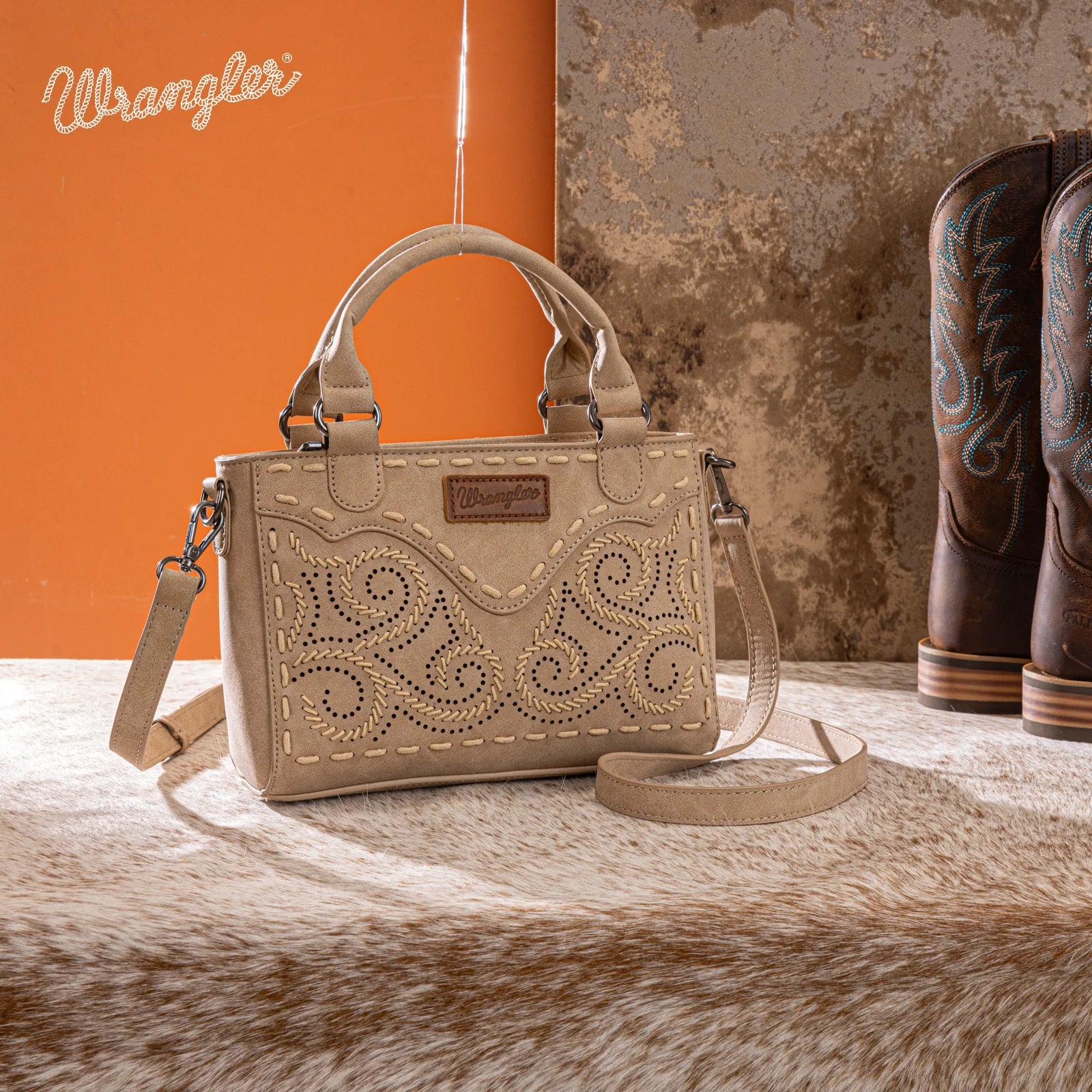 Wrangler Embroidered Satchel/ Crossbody ~ Tan - Henderson's Western Store