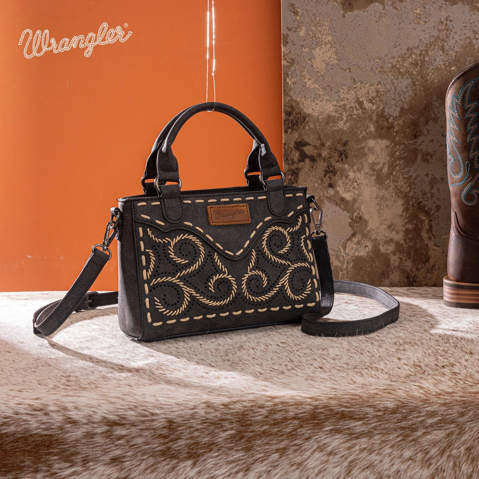 Wrangler Embroidered Satchel/ Crossbody ~ Black - Henderson's Western Store