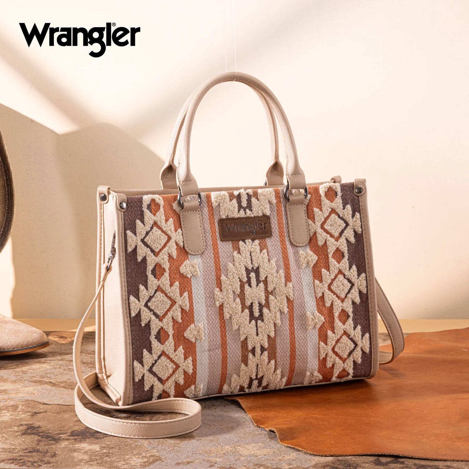 Wrangler Sherpa Aztec Canvas Tote/Crossbody - Tan - Henderson's Western Store