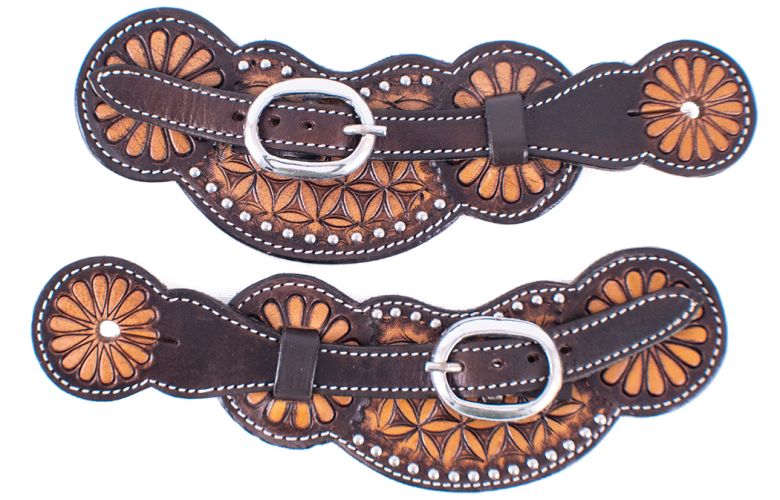 Floral Tooled Spur Straps W/Dots - Henderson's Western Store