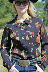 Load image into Gallery viewer, Ladies Wrangler Retro ~ Bucking Cowboy ~ Black ( Only Small &amp; Medium, Large)