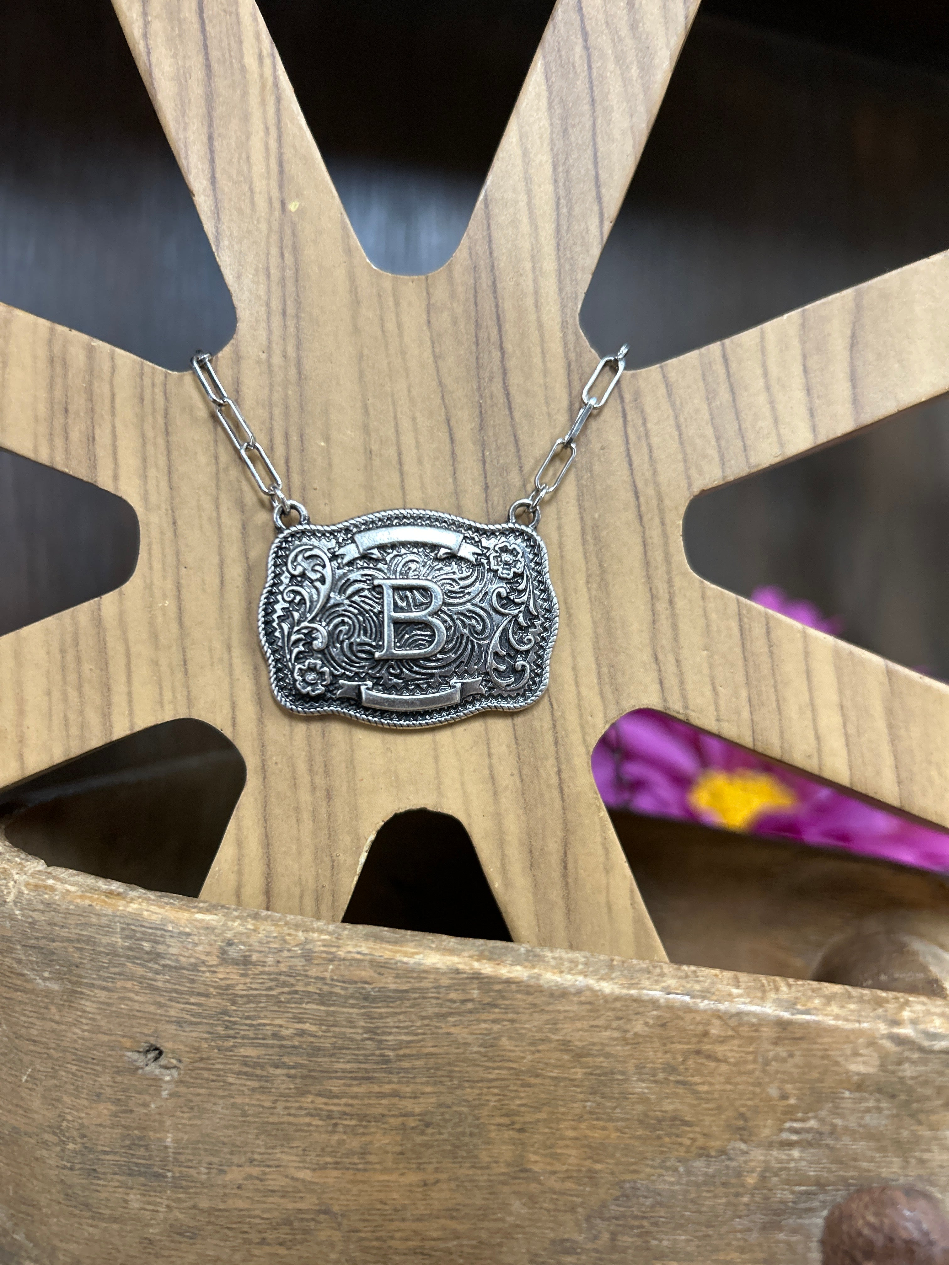 Western Buckle Initial Necklace ~ B - Henderson's Western Store