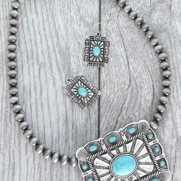 Turquoise Stone Rectangle Concho Beaded Necklace Set - Henderson's Western Store
