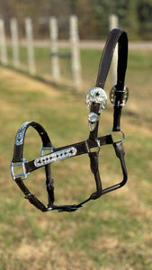 Load image into Gallery viewer, Dark Leather Show Halter ~ Stars &amp; Diamonds