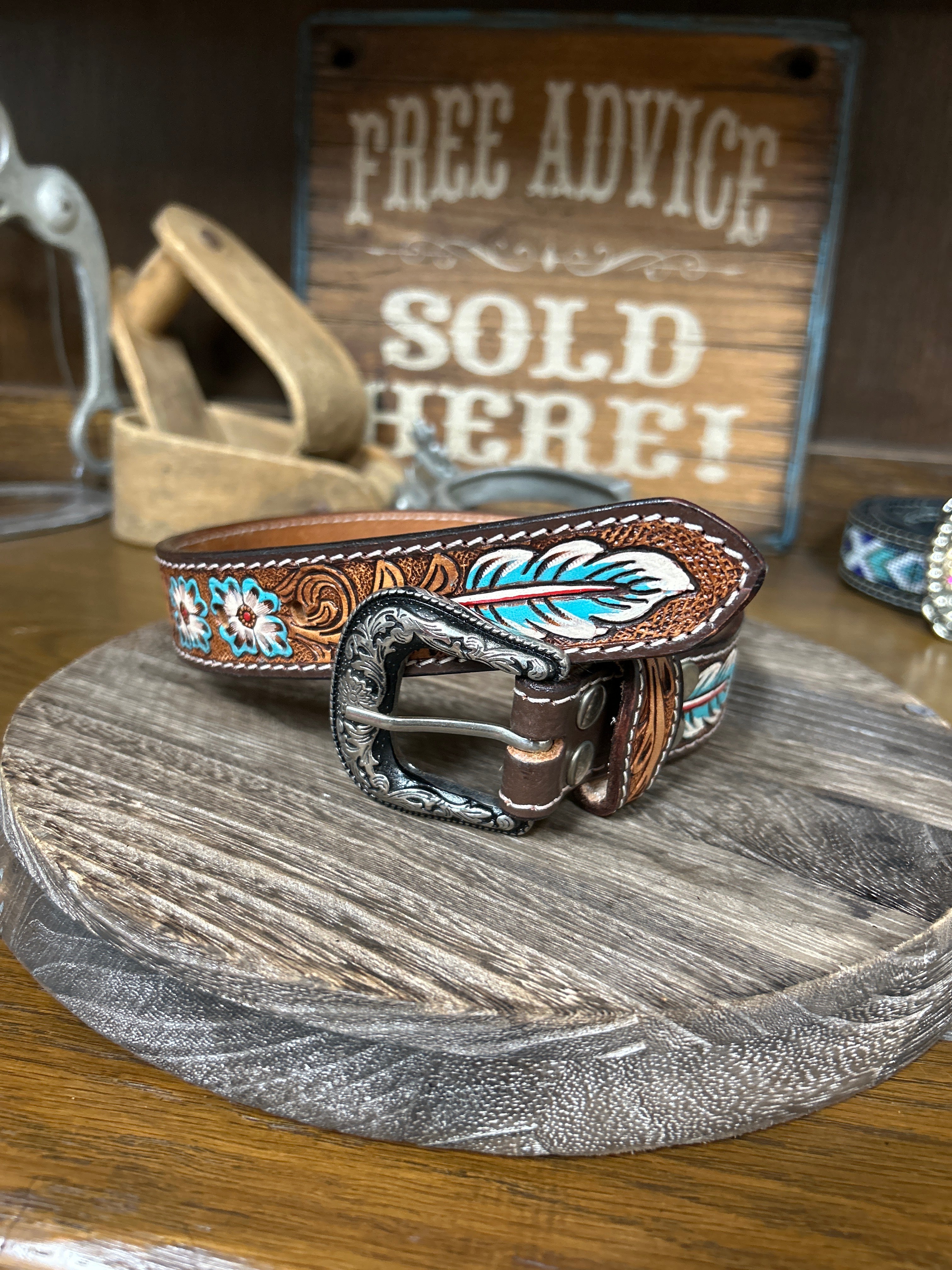 Leather Floral Tooler Feather Belt - Henderson's Western Store
