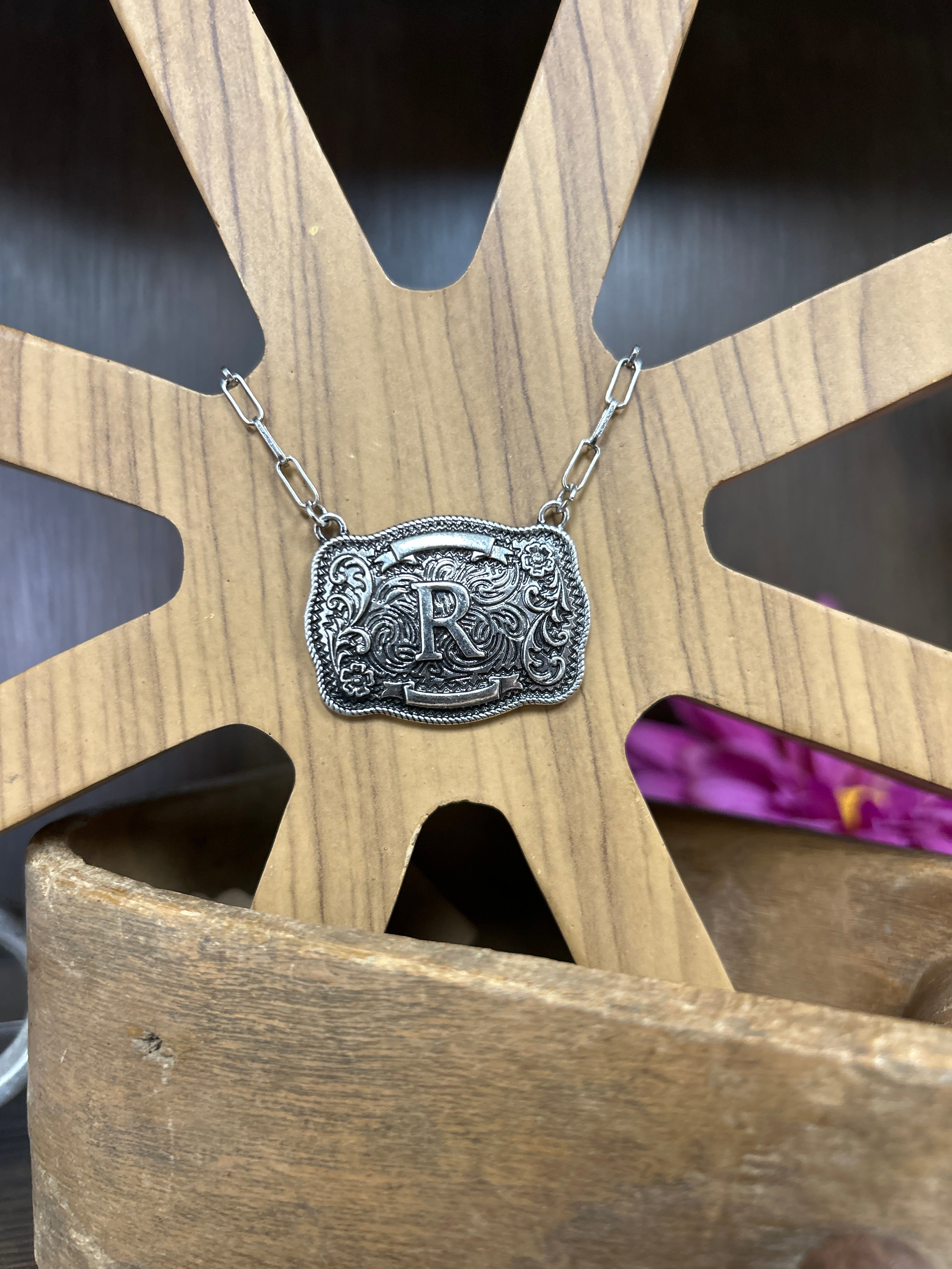 Western Buckle Initial Necklace ~ R - Henderson's Western Store