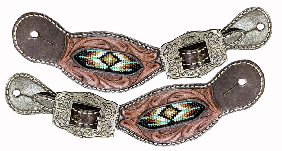 Beaded Inlay Tooled Spur Straps